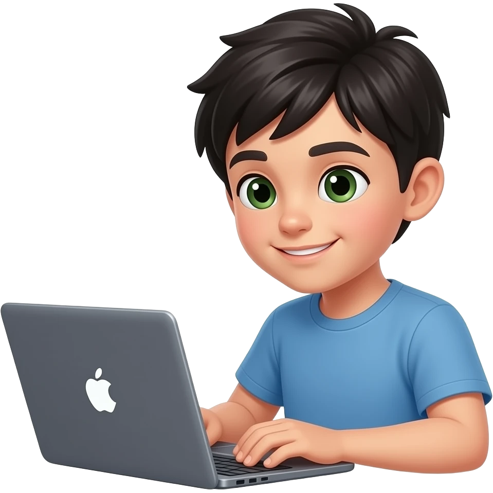 Chico estilo emoticono de WhatsApp, cara con medio cuerpo. Chico trabaja informatico con pelo negro, piel clara y ojos verde oscuro. emoji