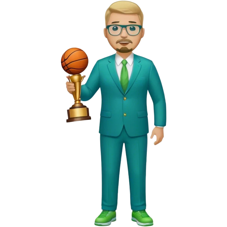 Full Body white plus size man  wearing glasses with a goatee with dirty blond short hair basketball head Coach in blue and green suit holding trophy emoji