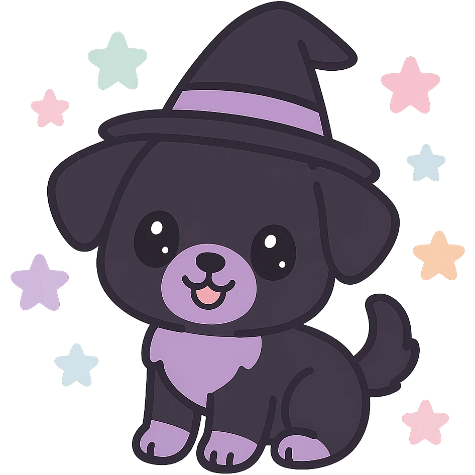 kawaii style magical gothic puppy, smiling face, black and purple fur, wearing a witch hat, surrounded by pastel stars, fun and magical emoji