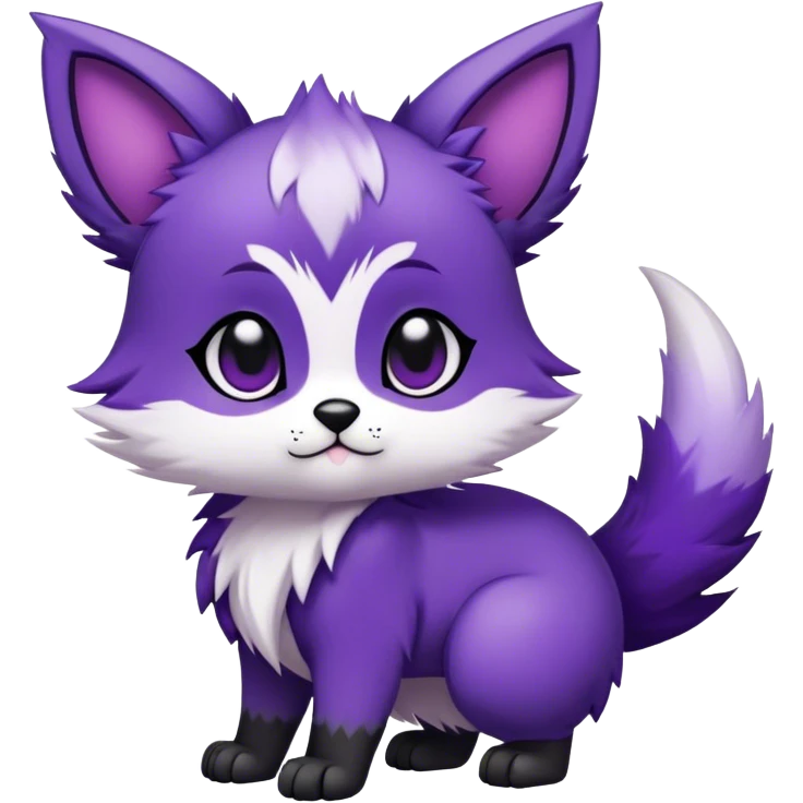  High quality Cute Cool Kawaii edgy Chibi Fur-Sona Purple fur, white belly, white tail-tip, black legs, black ears, -creature-animal-vernid-hybrid Full Body, facial markings emoji