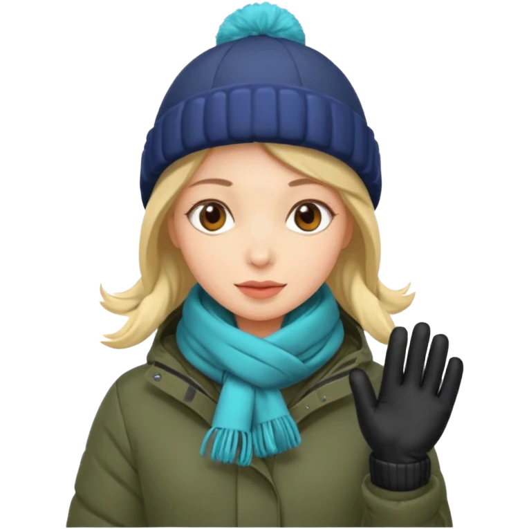 Woman bundled up with parka, hat, scarf, gloves emoji