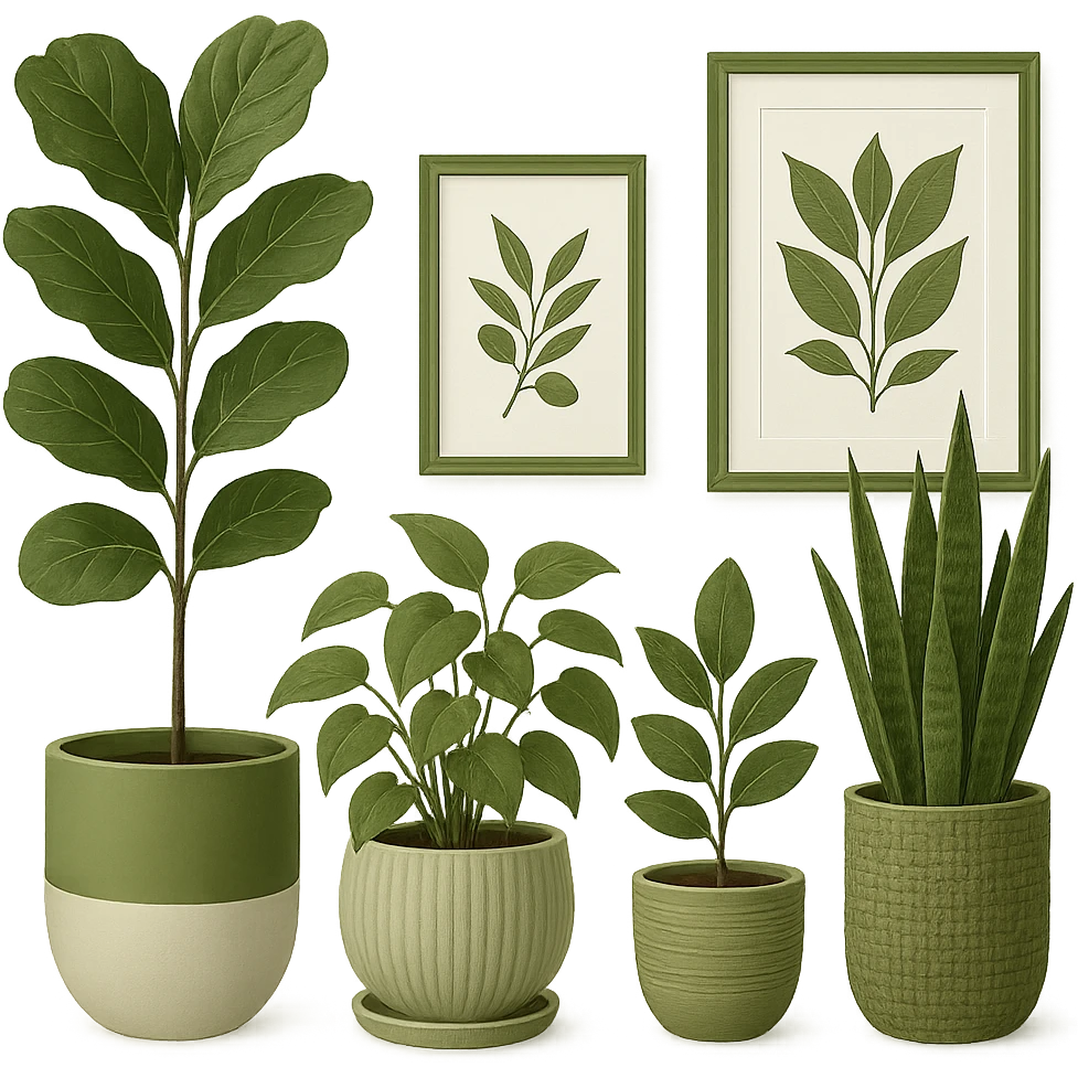 olive green bedroom plants with frames emoji
