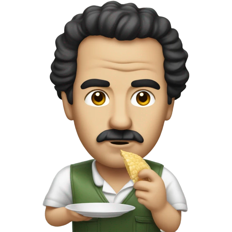 a guy with big forhead looking like Pablo scowar is eating  emoji