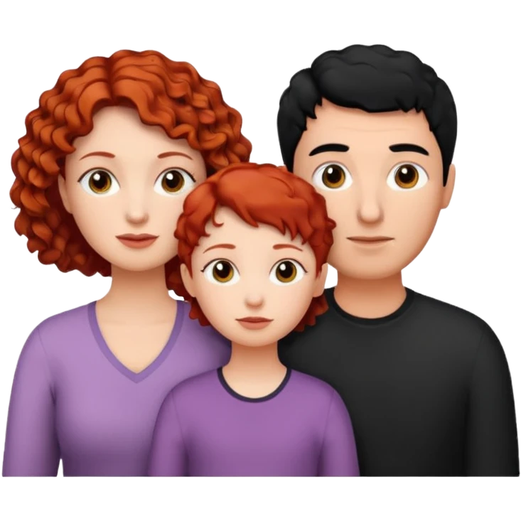 a family of three, all three white: the mother with short, curly red hair, the father with black hair, and the daughter with black hair. emoji