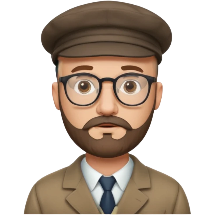 40's white male, bald with short full beard (salt and pepper color brown) with professor glasses and flat cap emoji