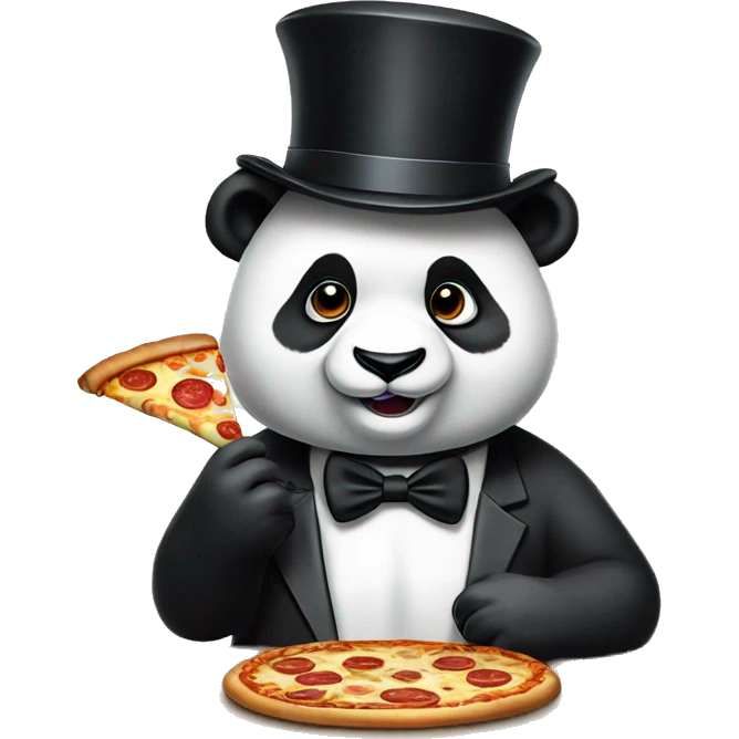 panda wearing tuxedo , with top hat on the head, eating pizza emoji