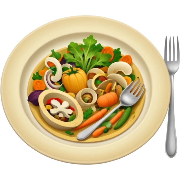 dirty plate from food scraps and vegetable leftovers, small fork and spoon resting on the plate emoji