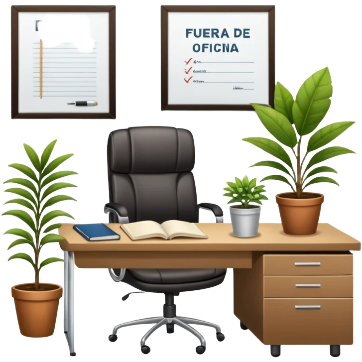 imagen de una oficina moderna con escritorio, silla, notebook, agenda y una planta con un cartel que diga en español FUERA DE OFICINA emoji