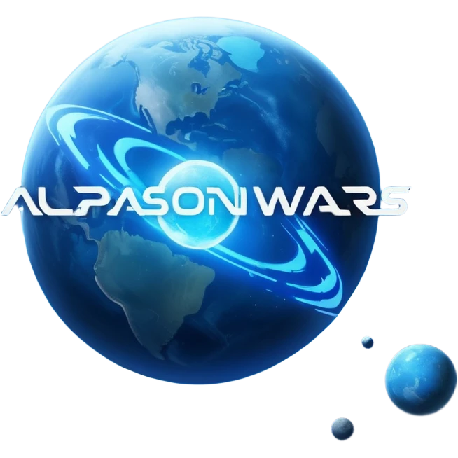 The image is a sci-fi poster with glowing blue text that reads “ALPHA ORIONIS WARS.” A bright blue planet or star glows at the bottom, and the word “STARBLAST” appears below. The design has a futuristic, space-themed look. emoji
