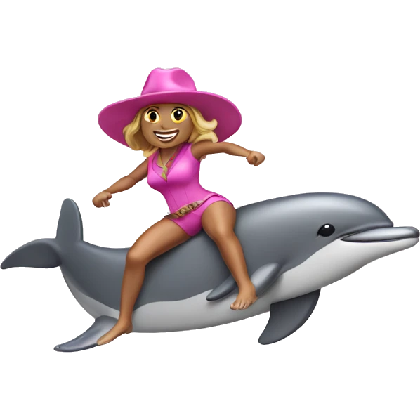 woman surfing a wave on a dolphin with a pink cowboy hat emoji