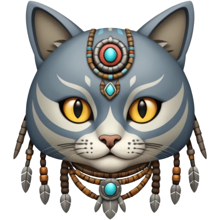 cat, wear tribal shaman cloth, half face robot emoji
