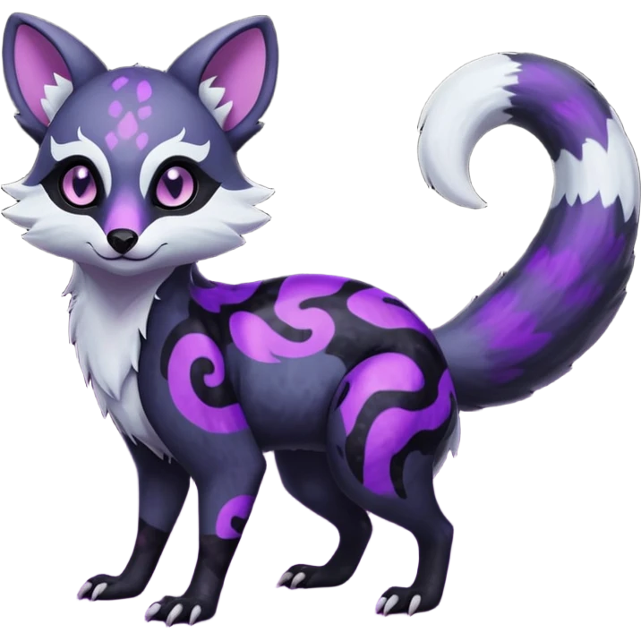 Obsidian-onyx-black fur base coat with glowing-neon-purple markings and patterns, shiny blind glossy hollow eyes, magical fantasy-Genet-Absol-Marsupial-Possum-Vernid-Sergal-Fakémon-hybrid, by LiLaiRa-griffsnuff, full body emoji