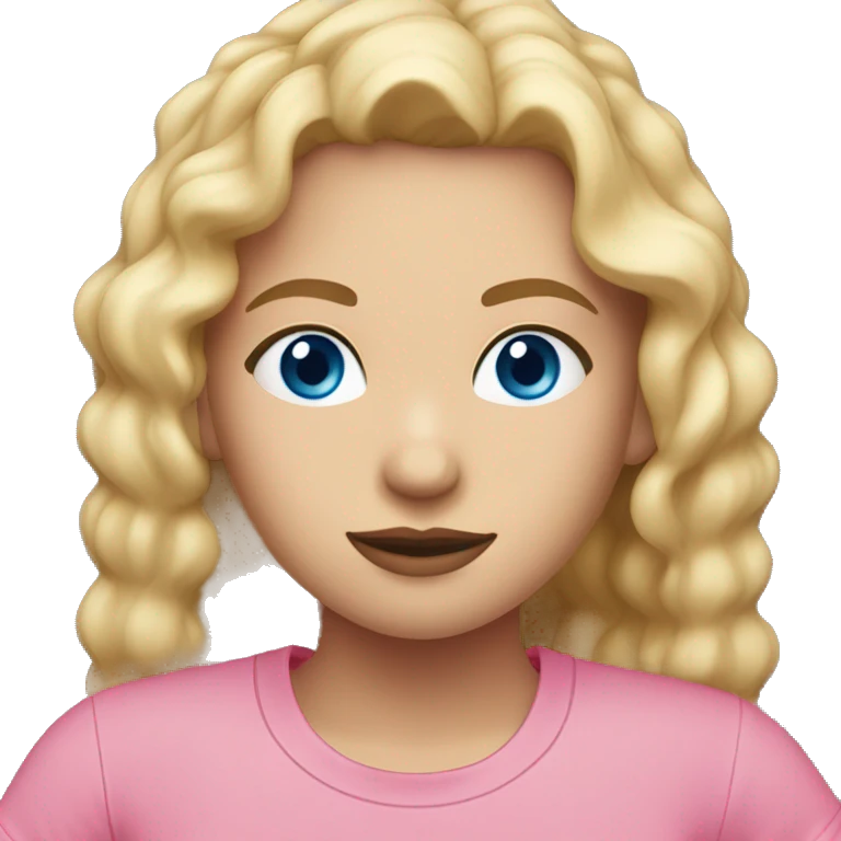 girl with log blond hair blue eyes dark brows pink T-shirt emoji