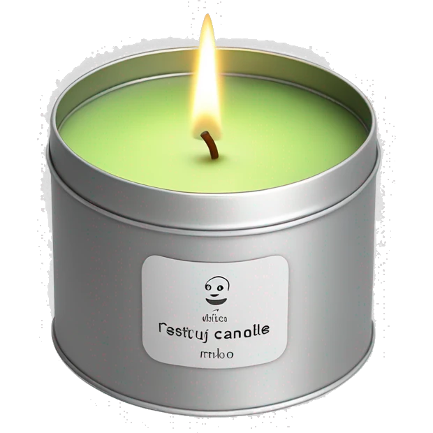 small pretty matcha scented candle in silver tin with label realistic emoji