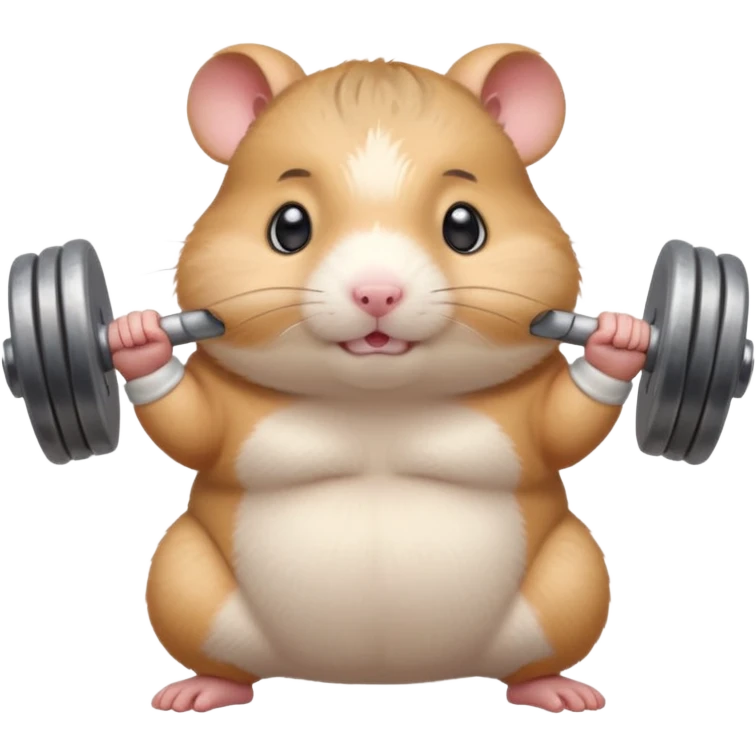Cute cartoon-style chubby hamster standing upright, wearing a tiny sweatband, lifting oversized dumbbells with determined expression. Soft painterly shading, expressive eyes, white background, sticker-style illustration emoji