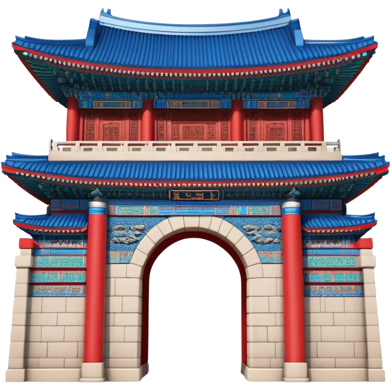 ​Cinematic Realistic Gwanghwamun Gate, depicted as a majestic historic gateway with traditional Korean architectural details, vibrant red and blue accents, and intricate carvings, set against a backdrop of modern Seoul under dynamic, natural lighting that highlights its timeless grandeur, emoji