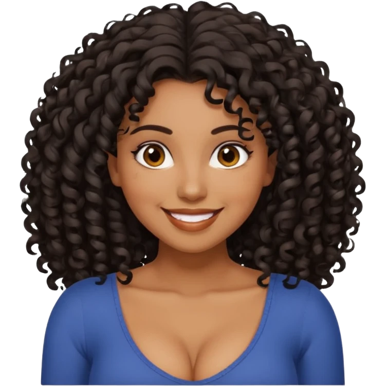 brown skinned lady with curly black hair, shoulder long hair, messy, nice curves, busty emoji