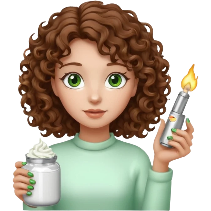 Girl with curly hair and green eyes holding a jar of icing and a lighter emoji