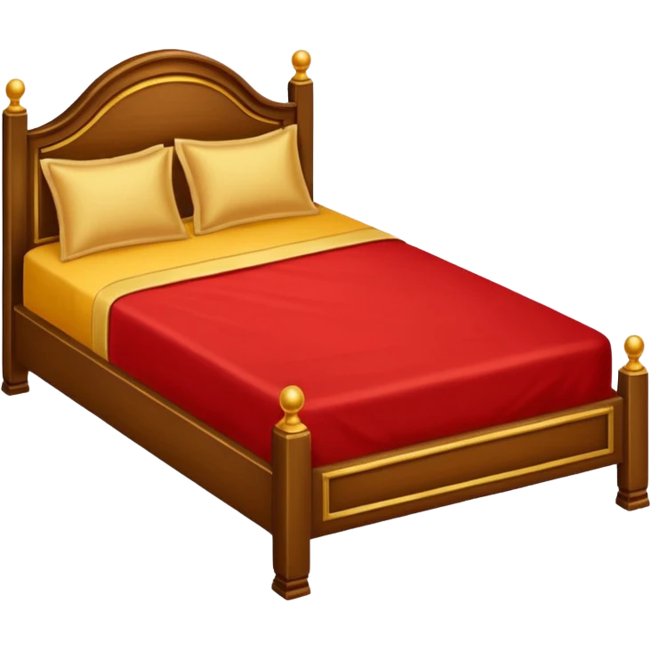 bed with red and gold sheets, wooden emoji