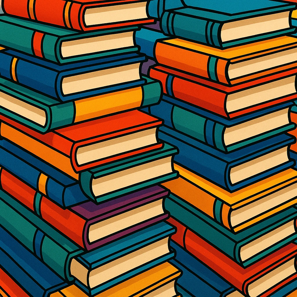 many stacked books, illustrative style, detailed, artistic emoji