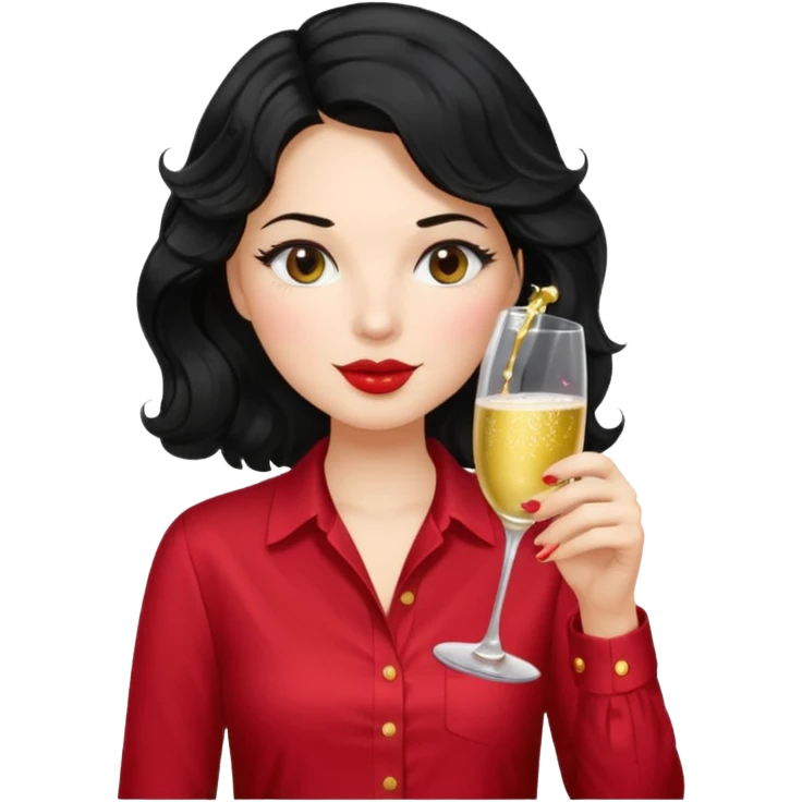 A woman with wavy black hair and a beautiful and authoritative cherry shirt drinking champagne emoji