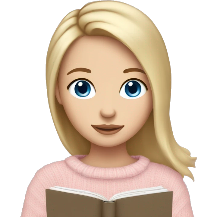 Pretty blue eyed white girl with light pink sweater and dark blonde hair reading cozy emoji