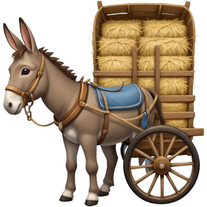 donkey harnessed to a wagon loaded with hay, wagon is large and detailed emoji