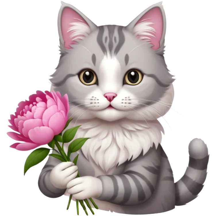 Cute cat Handing pink peonies like reaching a hand and handing them out a bouquet of them not a physical hand the cats hand  make the cat fluffy and grey and white fluffier make the cat wear a pink coquette emoji