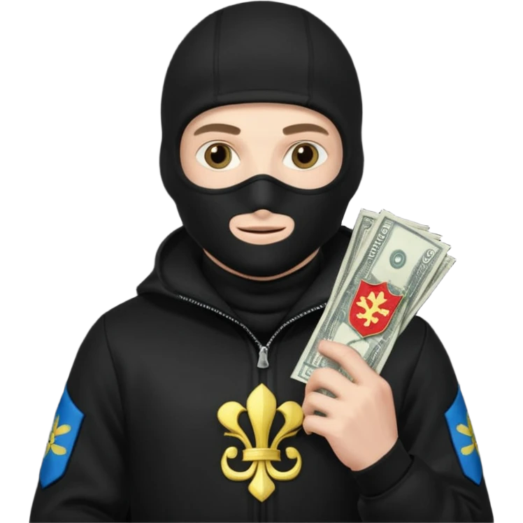 создай белого украинца в черное одежде и черной балаклаве с большим мешком денег с  гербом страны на нем  emoji