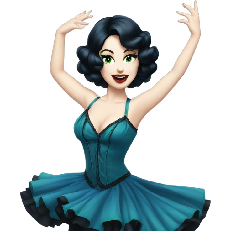 Burlesque dancer wearing blue with black hair, pale skin, and green eyes in a dark blue vintage costume dancing emoji