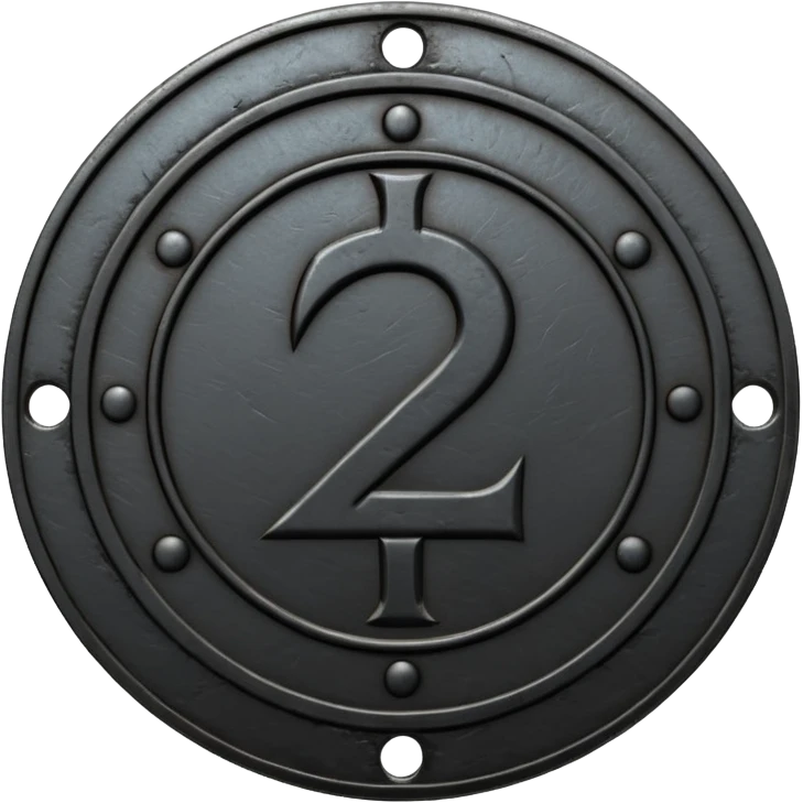 Minimal emoji, gothic metal coin made of black steel, engraved number 2 at the center, ancient industrial aesthetic, worn metal texture, no glow, no neon, flat emoji design, centered, transparent background emoji