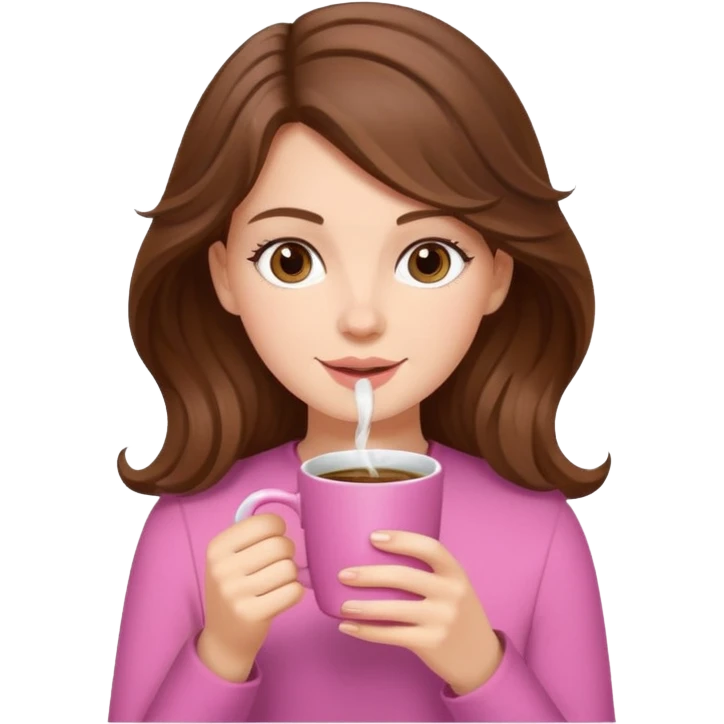 young white girl with wavy brown hair drinking coffee from a pink cup emoji emoji