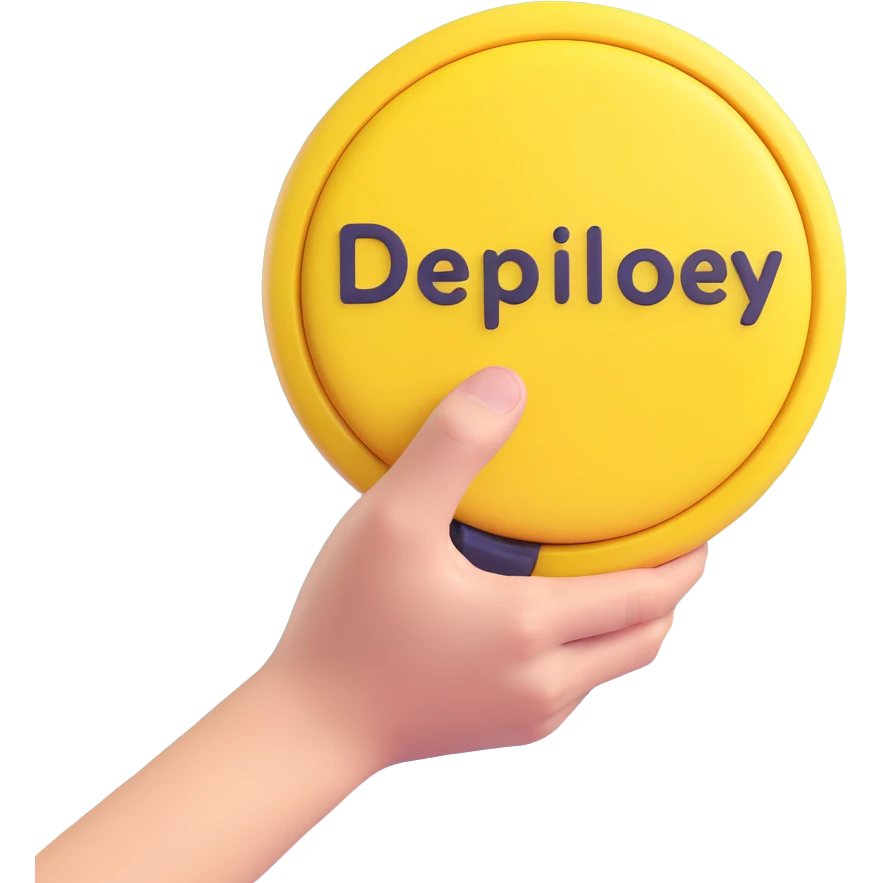 giant yellow button labeled 'Deploy' squished under a hand pressing it with great force with cartoon motion effects, colorful emoji style emoji