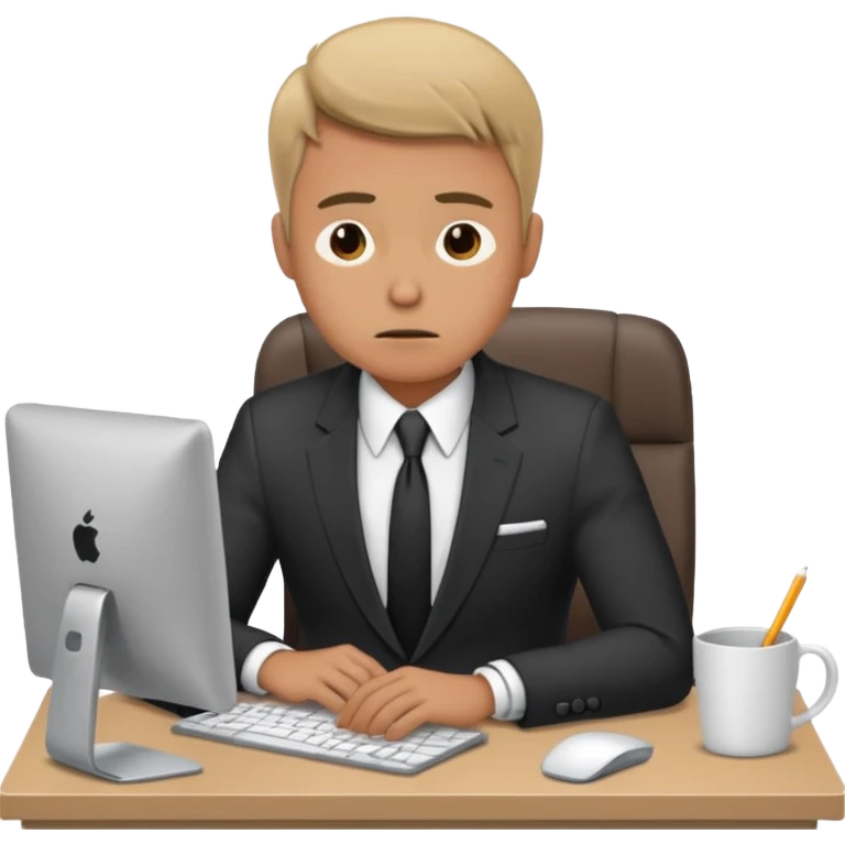 A man in corporate attire sitting at a desk, looking stressed while working on a computer emoji