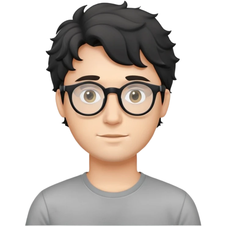 Young caucasian man with black wavy hair, round glasses, wearing a grey t-shirt emoji