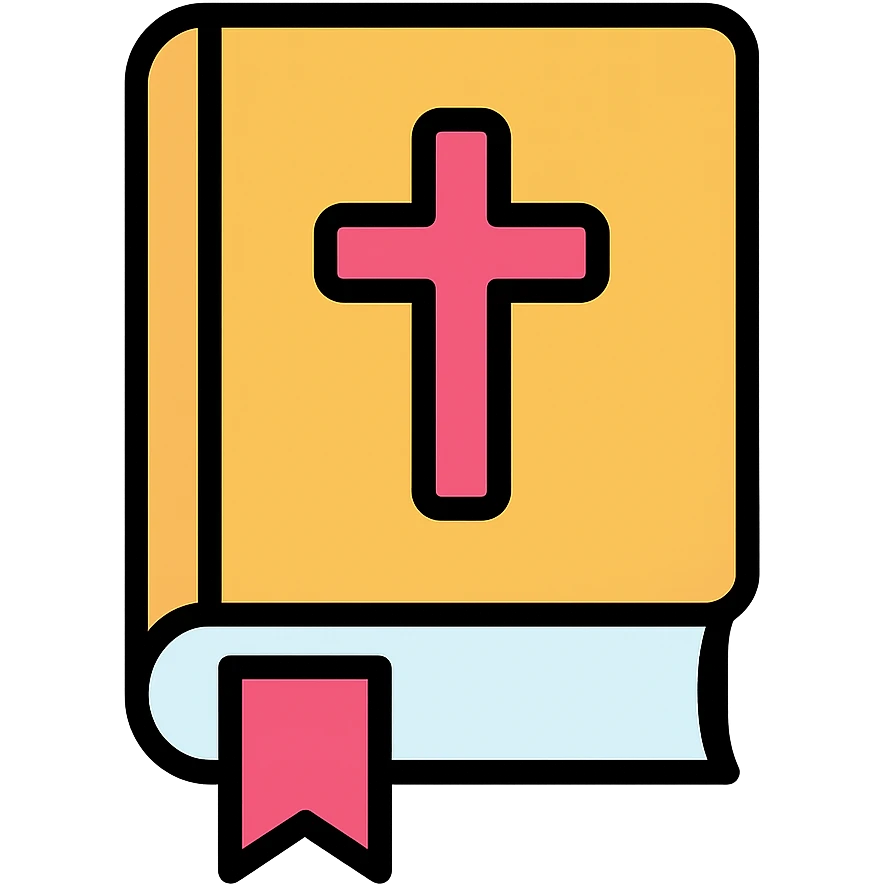 closed Bible with a pink cross on the cover, color outline icon style, with a bookmark ribbon emoji