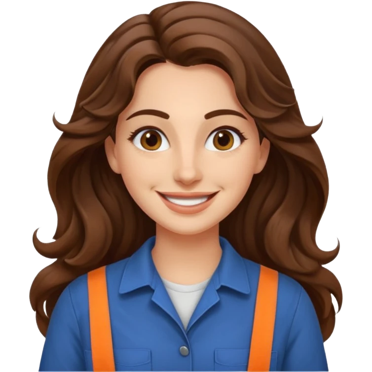 30 yr old italian woman, long brown wavy hair, big brown eyes, huge smile, work clothes, no bangs,  emoji