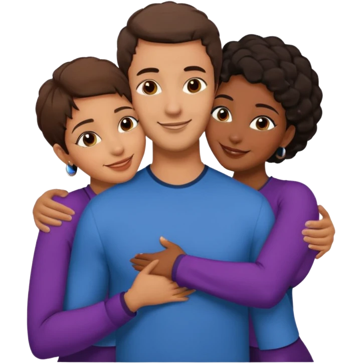  middle Eastern man with short brown hairwith two black african women both are African one is medium tone skin black and one is medium tone black with african hair styles. and they are all smiling and putting their arms around each other and kissing and hugging sexually  emoji