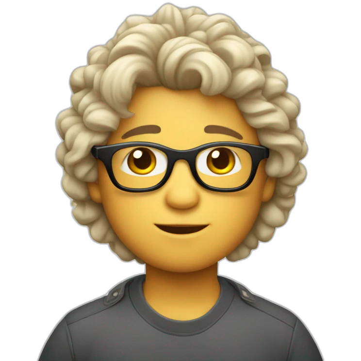 Niño blanco gordito con pelo rizado largo y gafas emoji