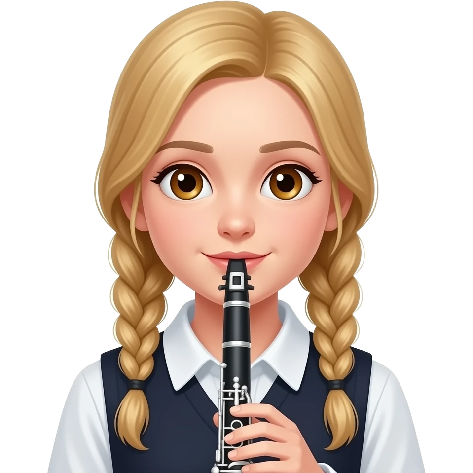 Fille blonde yeux marrons avec cheveux plaqués joue clarinette emoji