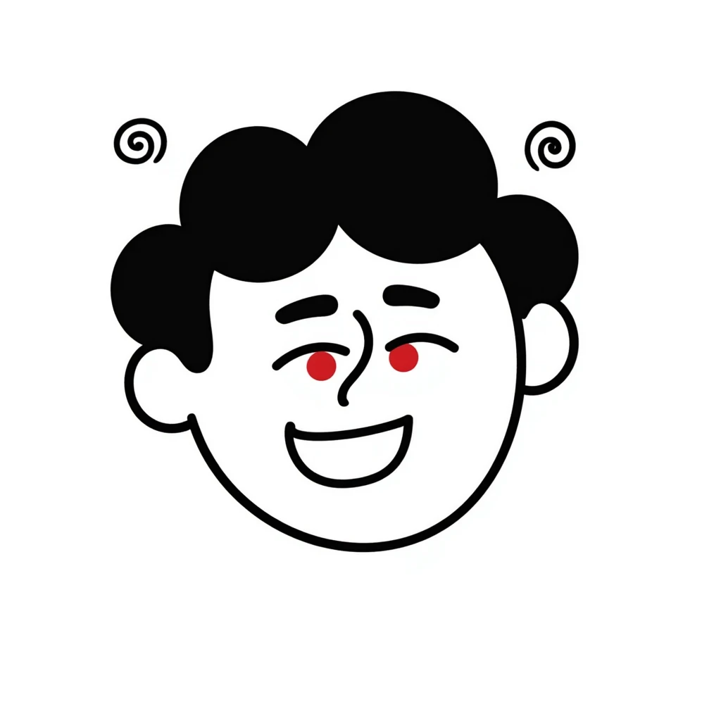 A hand-drawn face with squinted red eyes, a silly grin, and small spirals around the head to indicate being stoned emoji