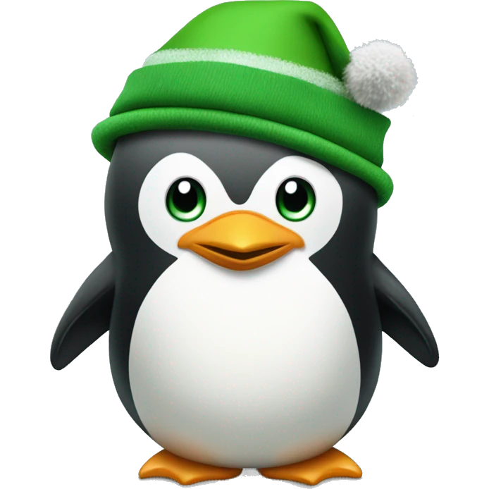 A penguin with a green Christmas hat with a small pom pom on it and  an oversized green elf jacket with belly showing emoji