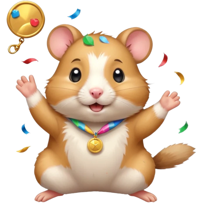 Cute cartoon-style hamster throwing confetti, holding a tiny medal, joyful expression. Painterly shading, white background, sticker-style illustration emoji
