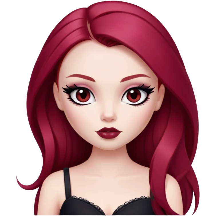straight long wine red hair, pale skin, dark black eyes, pretty bratz baddie, black eyeliner, blush emoji