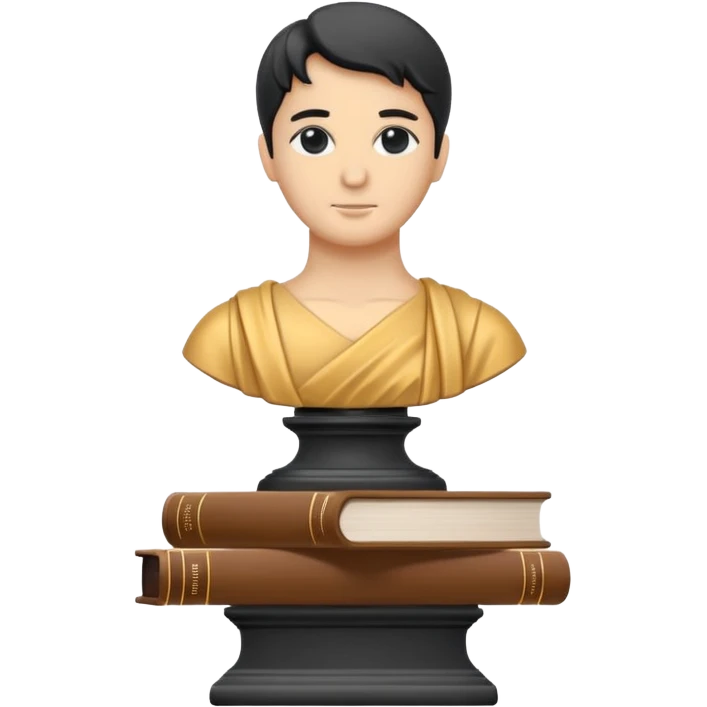 Minimalistic flat vector icon, iOS style, thin black contour on white background. Bust statue on a small pedestal next to a stack of books, symbolizing classic literature. Clean, no text, no shadows emoji