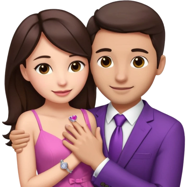 Brunette girl, with an engagement ring on her finger hugging a handsome man, (her boyfriend) both of them happy, she’s wearing a pink dress, he is wearing a suit, he’s also a rich businessman, and there is the 💜 purple heart emoji on top. They look in love with each other emoji