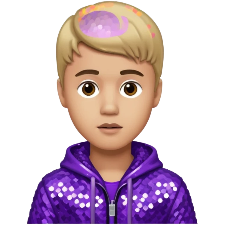 Justin Bieber with light skin, dark blonde hair, purple sequin outfit emoji