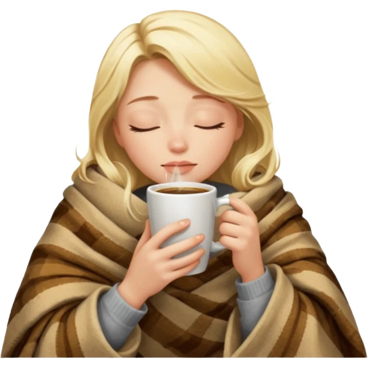 Blonde girl inside a blanket sipping coffee eyes closed emoji