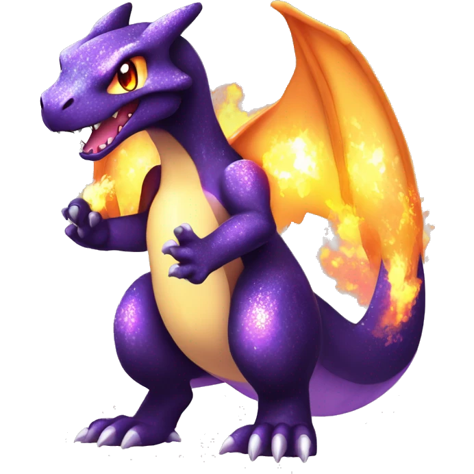 Black shiny sparkly chibi Charizard-Raptor-Fakémon with purple flame on tail full body emoji