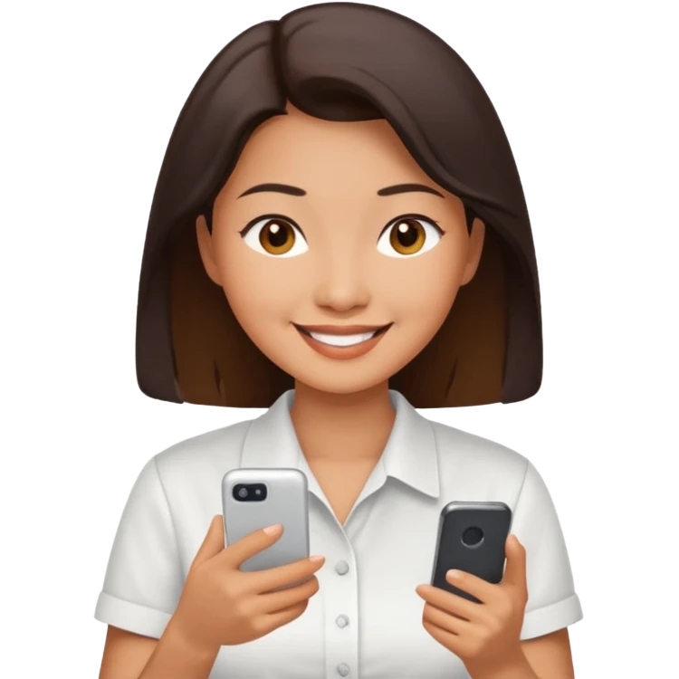 페르소나 요약 : 휴대폰을 보고 즐거워하는 여자, 40대의 아시아 여성이 휴대폰을 보면서 미소를 짓고 있어요. emoji